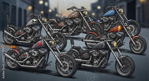 Collection of Custom Chopper Motorcycles Lined Up Outdoors.