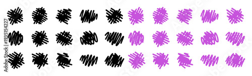 Rows of scribbled marks, half black and half purple, creating a visual pattern.