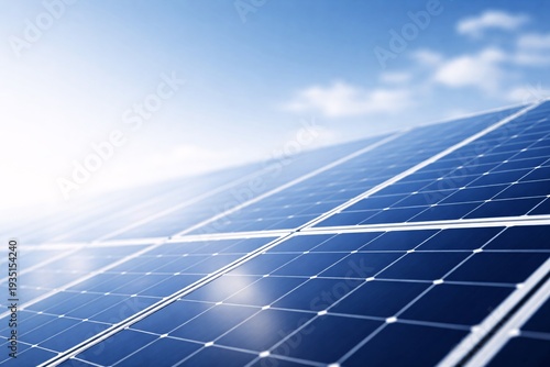 Blue solar panels gleam under bright sky