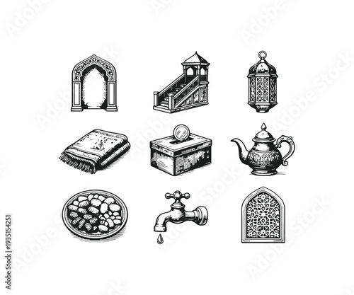 A Collection of Islamic Ramadan Icons in Hand Drawn Vintage Style