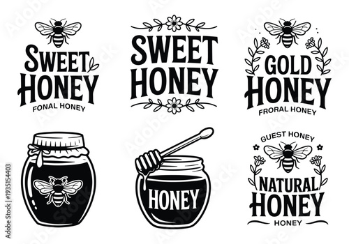 Set of six black and white vector logos for sweet honey products and bees.