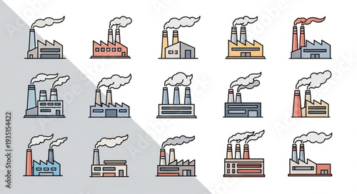 Collection of Industrial Factory Icons with Smoke Stacks.