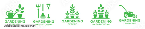 Group of five green vector logos for gardening services, lawn care, and garden stores.