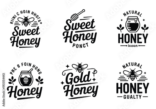 Set of black and white honey logos featuring bees, jars, and dippers for branding.