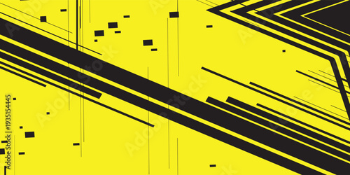 Abstract yellow and black background with dynamic geometric lines and glitch-like patterns creating a modern digital art design.