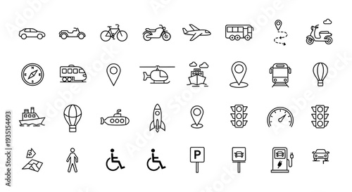 Collection of simple line icons representing various transportation modes and travel-related symbols
