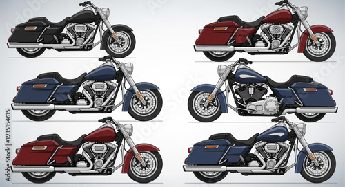Collection of Six Different Color Motorcycles Side View.