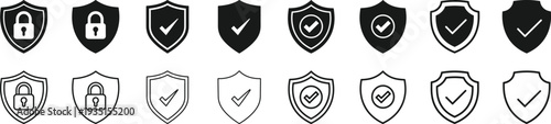 Security Shield Icon Set with Check Mark and Padlock Symbols, Protection Badge Logotypes in Line and Solid Style Cyber Safety Vector Illustration Collection