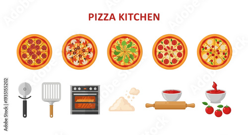 Pizza kitchen illustration with five finished pizzas and preparation tools below