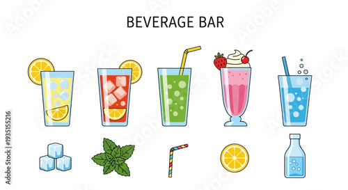 Five beverages and various drink ingredients displayed below a BEVERAGE BAR title