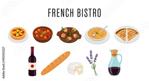 French bistro food items displayed with title text above