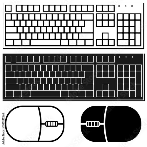 Computer Keyboard and Wired Mouse Top View Flat Design Office Equipment Vector Illustration Set