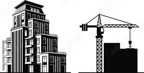 Black and white vector illustration of modern city building, construction crane silhouette, urban real estate development, architecture design, isolated background