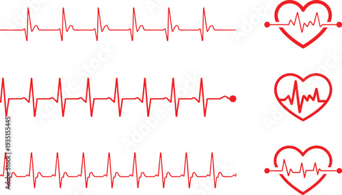 Heart Rate Pulse Graph Icon Set with ECG EKG Electrocardiogram Line Symbols, Cardiac Rhythm Monitor Waveform and Heartbeat Medical Vector Illustration Collection