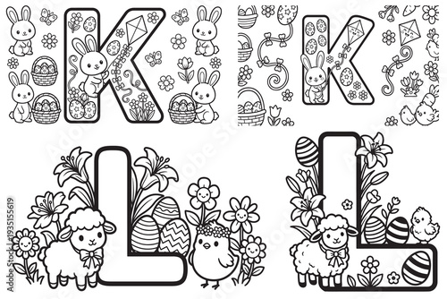 Printable easter spring alphabet letter k and l coloring pages for kids