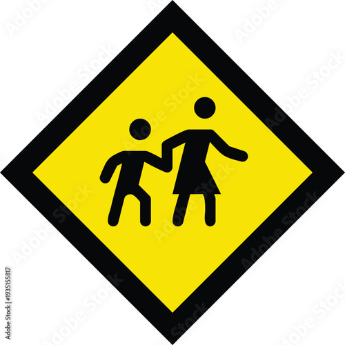 School crossing warning sign icon with child and adult silhouette, yellow diamond road safety symbol for pedestrian zone, traffic regulation design, transportation signage, and urban safety concept.