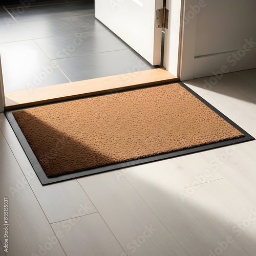 Tan coir doormat with black border inside doorway on light wood floor brown