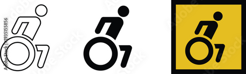 Wheelchair accessibility icons set isolated on white and yellow background. Universal disabled symbol variations in line and solid styles for signage, apps, and wayfinding. Clean inclusive design 