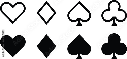 Playing card suit icons set in outline and solid style. Heart, diamond, spade, and club symbols isolated on white background. Clean vector collection for casino design, game interface, and print 