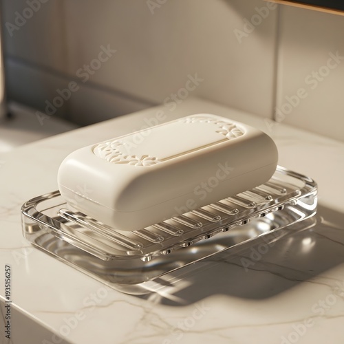 White bar of soap with floral pattern on ribbed clear glass soap dish on marble white soap clear soap dish