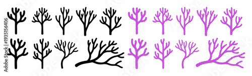 Collection of stylized coral branches in black and purple