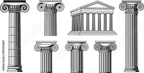 Ancient Greek and Roman architecture columns icon set with classical pillars temple facade vector illustration collection