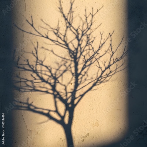 Bare Tree Branch Silhouette Shadow Cast on Textured Yellow Wall Sunlight Streaks tree shadow bare branches