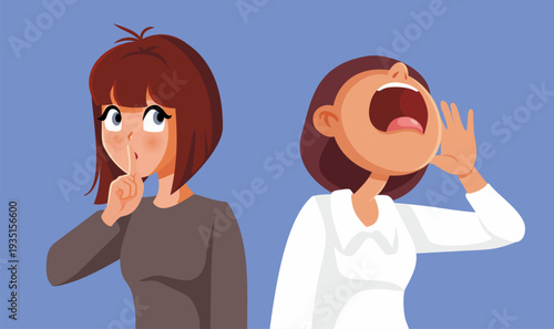 Quiet Woman Shushing While Another Woman Shouts Vector Illustration. Secretive lady standing beside a yelling  friend
