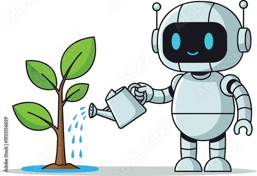 A friendly robot nurtures a small green plant with a watering can
