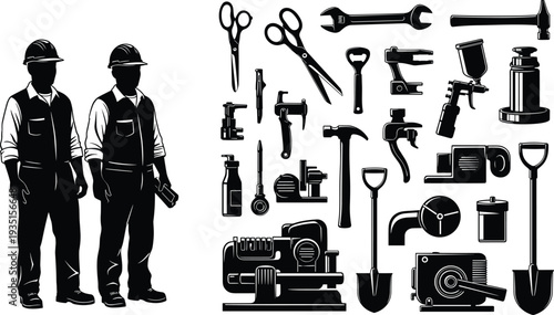 Black and white vector illustration of two industrial workers in hard hats standing next to construction and mechanic tools collection