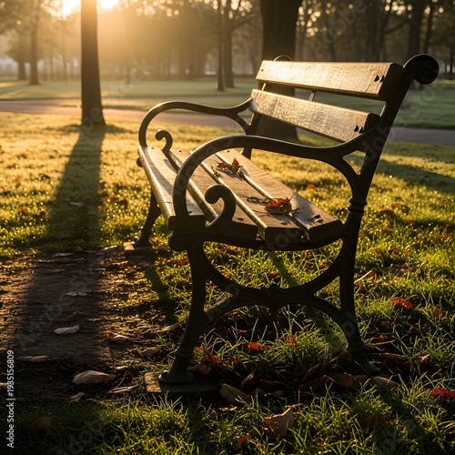 Empty Wooden Park Bench Bathed in Golden Morning Sunlight with Fallen Autumn Leaves wooden bench
