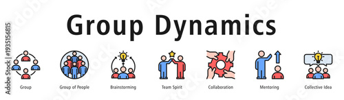 Group Dynamics web banner icon vector illustration concept with icon of group, group of people, brainstorming, team spirit, collaboration, mentoring, and collective idea.