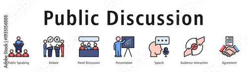 Public Discussion web banner icon vector illustration concept with icon of public speaking, debate, panel discussion, presentation, speech, audience interaction, and agreement.