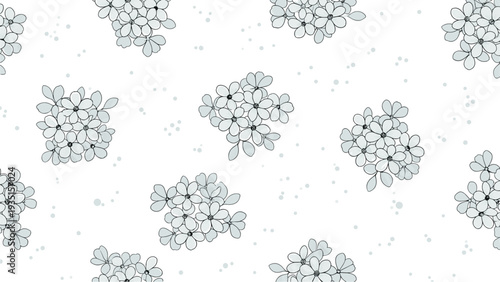Seamless floral pattern of small blue flower clusters and green leaves scattered on a white background with subtle gray dots.