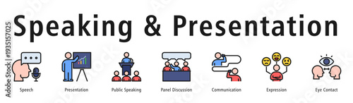 Speaking & Presentation web banner icon vector illustration concept with icon of speech, presentation, public speaking, panel discussion, communication, expression, and eye contact.