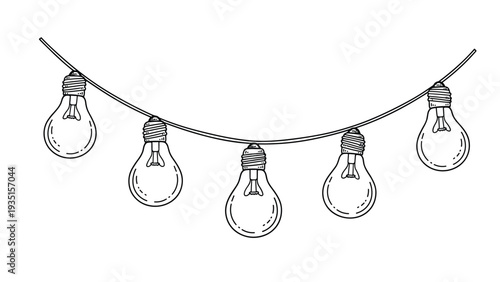 Artistic sketch of five incandescent light bulbs hanging from a single wire cord in a gentle curve against a white background.