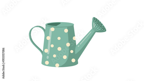 Charming green watering can decorated with white polka dots is ready for gardening tasks in a spring or summer garden.