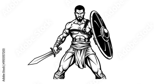 Muscular warrior stands ready with sword and shield, prepared for battle, strong and determined.