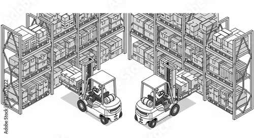 Warehouse forklifts navigating shelves filled with packaged goods, ready for distribution.