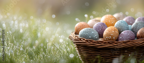 Panel kuchenny z motywem Colorful speckled Easter eggs in a basket sitting on wet green grass with sparkling morning dew bokeh