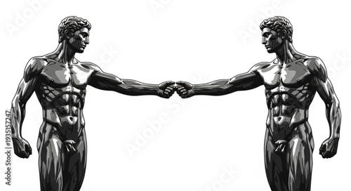 Two muscular statues of men shaking hands, symbolizing unity and strength.