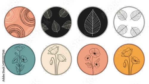 Set of eight circular icons features various floral and leaf designs in muted colors, perfect for social media highlights.