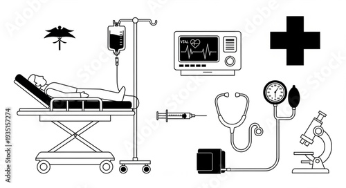 Medical equipment and patient care in a hospital setting, healthcare concept.