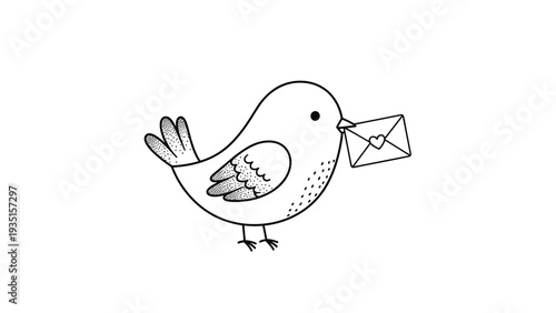Cute stippled drawing of a small bird holding an envelope with a heart seal in its beak on a plain white background.