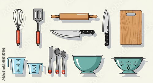 Collection of kitchen utensils and tools for cooking and baking purposes.