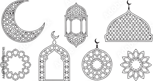 Islamic architectural and lunar design elements in a line art style with intricate patterns and crescent moons used for Ramadan and religious celebrations