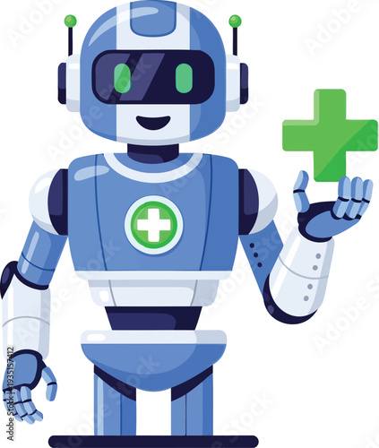 Friendly robot holding a green plus symbol representing health or wellness technology.
