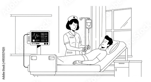 Nurse tending to a patient in a hospital bed, providing medical care and attention.