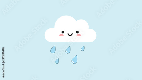 Cute illustration of a happy white cloud with a smiling face and rosy cheeks raining down blue droplets against a soft light blue background.