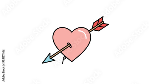 Classic illustration of a soft pink heart shape pierced by a wooden arrow with a blue fletching, symbolizing being struck by love or cupid.
